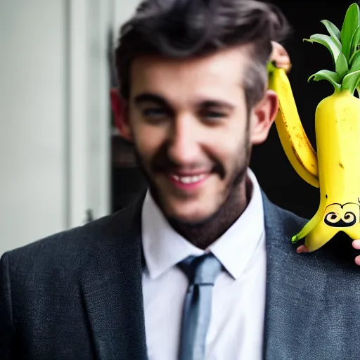 Image similar to a man wearing a suit banana head