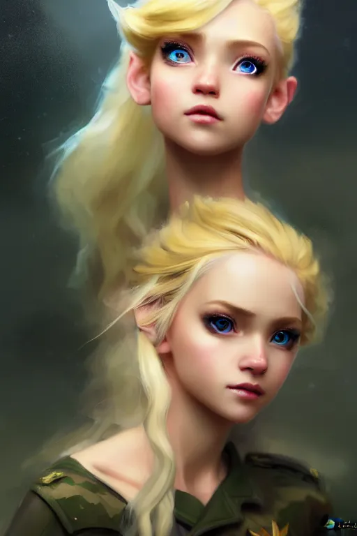 Image similar to cinematic shot of an epic portrait of a cute blonde fairy dressed in military clothes, stylised military clothes, shiny skin, beautiful eyes, beautiful, small details, night setting, realistic poster with volumetric light from craig mallism, artgerm, jeremy lipkin and michael garmash, unreal engine, radiant light, digital art, trends at art station, a masterpiece