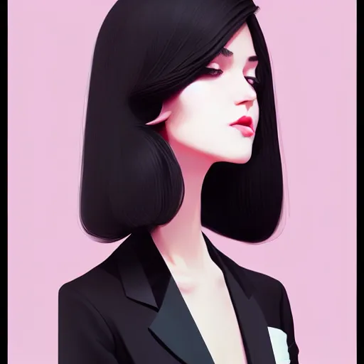 Prompt: rich young female in black tuxedo, scornful, disdainful, muted colors, matte print, pastel colors, 2d, ultra highly detailed, smooth, sharp focus, digital art, digital painting, fan art, elegant, artstation, head is centered, by Ilya Kuvshinov