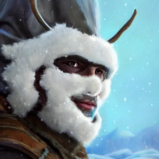 Image similar to fantasy snow bandit ‘ icewind dale ’ with mask, snow scene, ‘ icewind dale 2 ’ profile portrait by ‘ justin sweet ’, falling snow, soft focus, oil paint, artstation