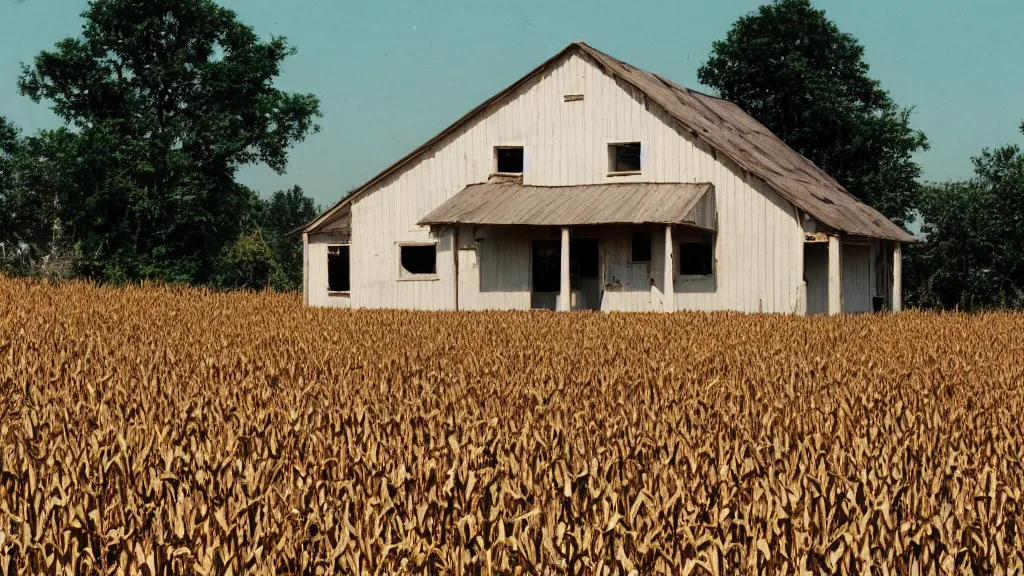 Prompt: fujicolor sample photo of a house in a corn field