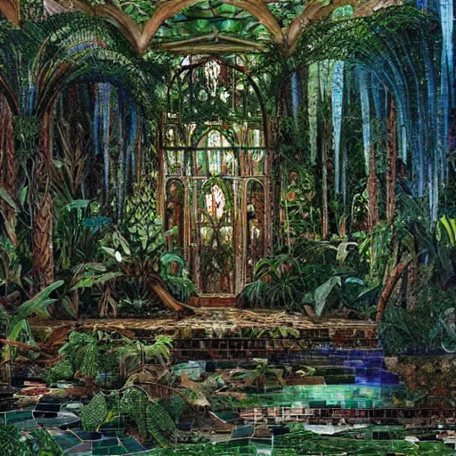 Prompt: a painting of a jungle ruins, mosaic floor, stained glass windows, godrays, natives, chandelier, art by JohannesVoss, Donato Giancola, Ron Spencer, trending on artstation