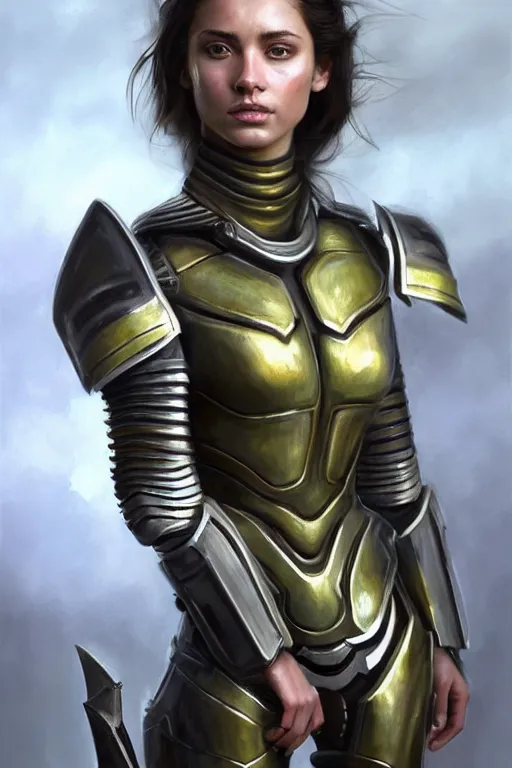 Prompt: a sharply detailed, photorealistically painted portrait of an attractive young female, partially clothed in sci-fi battle armor, with an abstractly painted background, flawless olive skin, fair complexion, long dark hair, beautiful bone structure, perfectly symmetric facial features, perfect photorealistic eyes, natural physique, intricate, elegant, digital painting, concept art, finely detailed, beautifully illustrated, sharp focus, minimal artifacts, volumetric lighting, from Halo, by Ruan Jia and Mandy Jurgens and Artgerm and William-Adolphe Bouguerea, in the style of Greg Rutkowski, trending on Artstation, award winning art