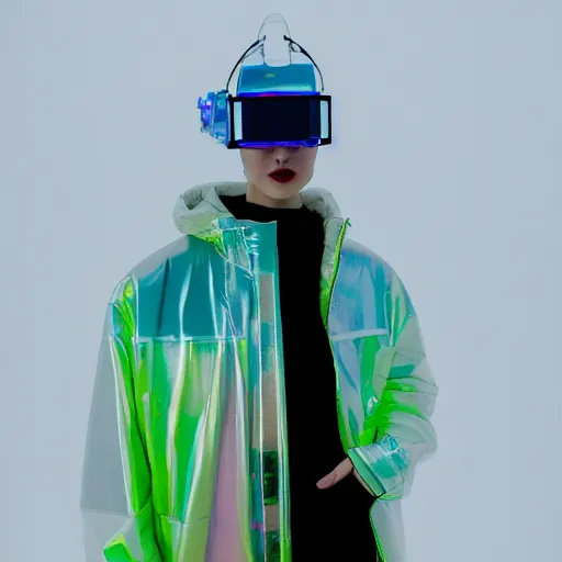 Image similar to an ultra high definition professional studio quality photograph of an artificially intelligent cyberpunk art influencer wearing a transparent iridescent pastel coloured face visor and matching bubbly puffy raincoat on white coat hook in a sheer icelandic black rock environment. dramatic lighting. volumetric shadows. light rays