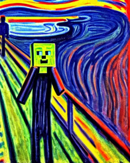 Image similar to minecraft creeper as the subject of the scream by edvard munch