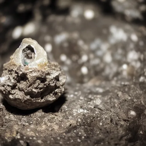 Image similar to photography of a geode with a a small body of an alien skellet inside it