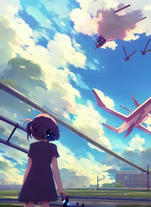 Image similar to girl stand on the playground, see a plane falling down towards the ground, view from below, illustration concept art anime key visual trending pixiv fanbox by wlop and greg rutkowski and makoto shinkai and studio ghibli