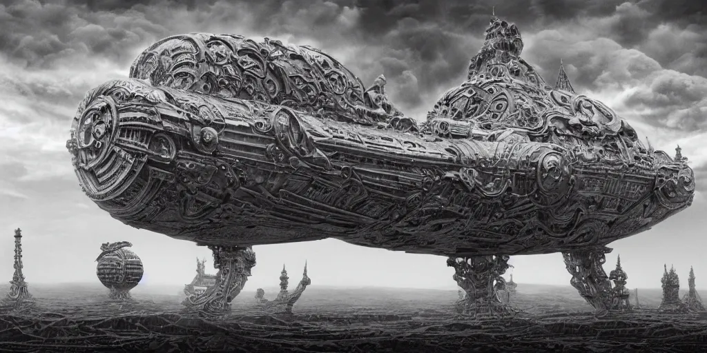 Image similar to a large ominous and geometric very ornate and detailed spaceship, lots of shapes intertwined very large and long floating over a barren dry land with an epic cloud formation on the background by HR GIger, Dariusz Zawadzki, Zdzisław Beksiński, gustave doré, zhuoxin ye, very detailed, octane render, 8k, scary and brooding, scary and dark, canon 24mm lens