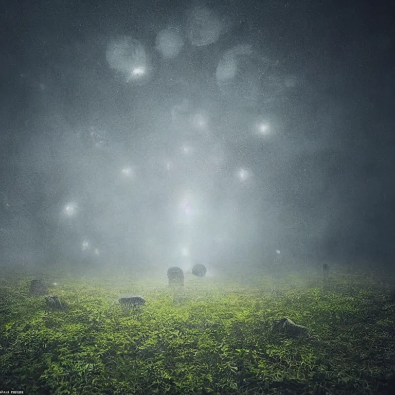 Image similar to a planet of various fungus, mushrooms and plants, inside the picture is infinity, Atmospheric phenomenon, artistic photography, muted colors, conceptual, long exposure outside the city, volumetric light