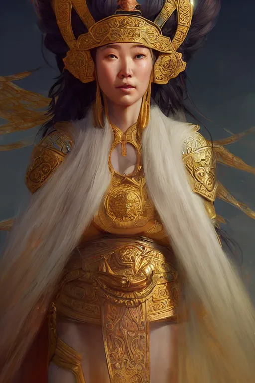 Image similar to goddess of the mongol, highly detailed, digital painting, artstation, concept art, smooth, sharp focus, illustration, unreal engine 5, 8 k, art by artgerm and greg rutkowski and edgar maxence