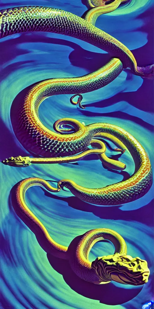 Prompt: the great pearlescent multicolored serpent leviathan hyperrrealistic curling around the planet syd mead dali dramatic lighting