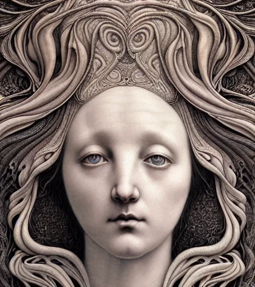 Image similar to detailed realistic porcelain beautiful moon goddess face portrait by jean delville, gustave dore, iris van herpen and marco mazzoni, art forms of nature by ernst haeckel, art nouveau, symbolist, visionary, gothic, neo - gothic, pre - raphaelite, fractal lace, intricate alien botanicals, ai biodiversity, surreality, hyperdetailed ultrasharp octane render