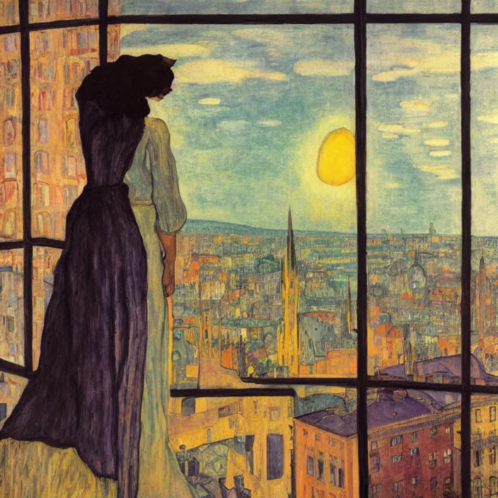 Image similar to close portrait of woman in transparent vaporous night gown with cat and aloe vera, with city with gothic cathedral seen from a window frame with curtains. sun through the clouds, vivid iridescent colors. agnes pelton, egon schiele, munch, henri de toulouse - lautrec, utamaro, monet