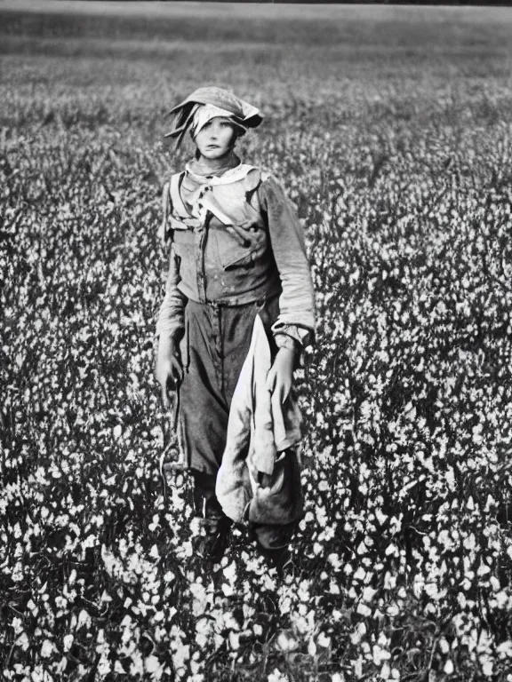 Image similar to human-like scarecrow wearing torn military clothes in beautiful meadow of flowers, ww1 photo, grainy, high detail, high resolution,