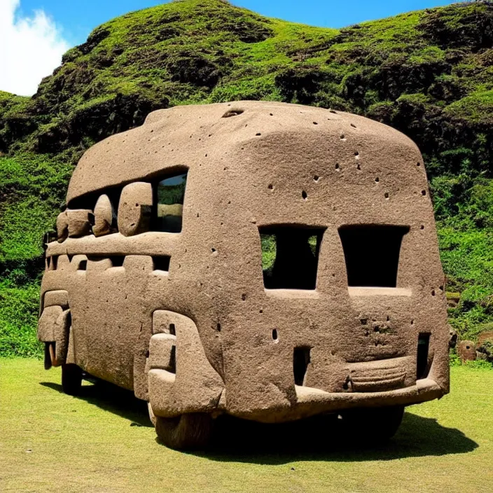 Image similar to ancient vw bus made of stone, moai from rapa nui style