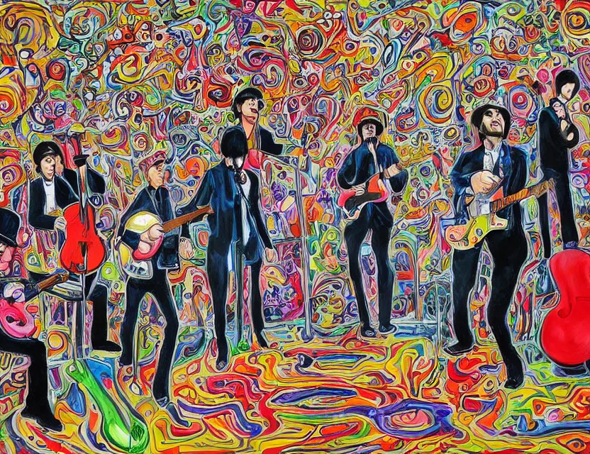 Image similar to a painting of a concert by vegatables playing music of the Beatles in the style of artist James Jean