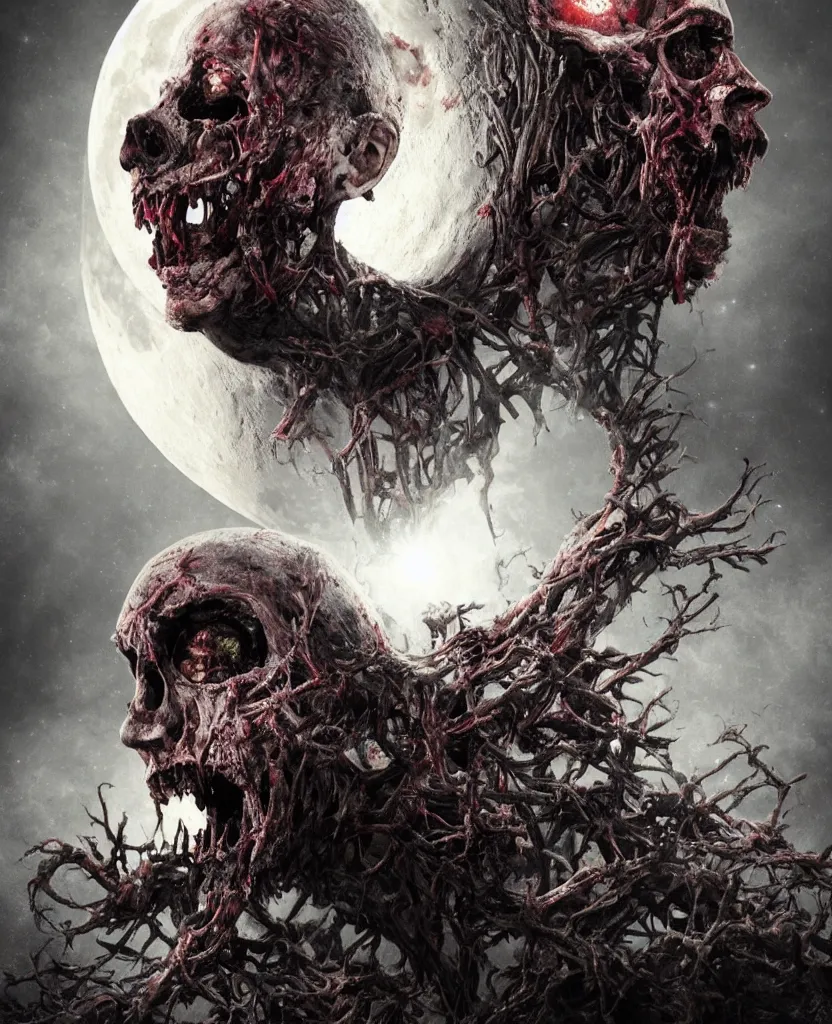 Image similar to moon made from thousands of rotten demonic bloody corpses of Nicolas Cage, body horror, flesh, blood, grotesque hell, highly detailed, vivid colors, dark shadows, contrast, concept art, sharp focus, digital art, Hyper-realistic, 4K, Unreal Engine, Highly Detailed, Dramatic Lighting, Beautiful, by Brom, bastien lecouffe-deharme