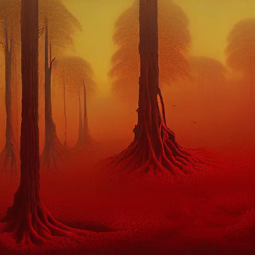 Prompt: landscape painting of redwood forest overrun with red alien vines and cancerous tumor pufball mushrooms with an ominous red sunset, by Beksinski and Ansel Adams and Greg Rutkowski and Moebius