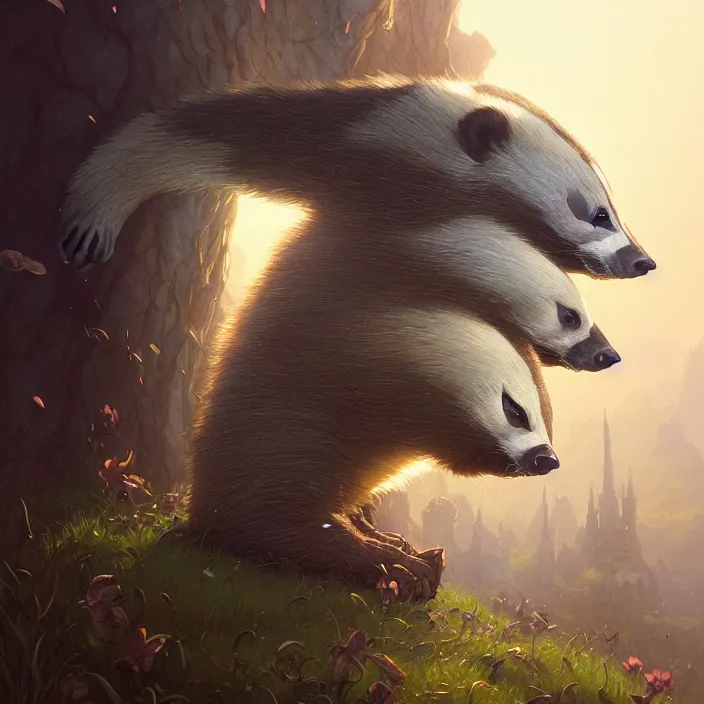 Image similar to highly detailed portrait of a cute badger, unreal engine, fantasy art by greg rutkowski, loish, rhads, ferdinand knab, makoto shinkai and lois van baarle, ilya kuvshinov, rossdraws, tom bagshaw, alphonse mucha, global illumination, radiant light, detailed and intricate environment