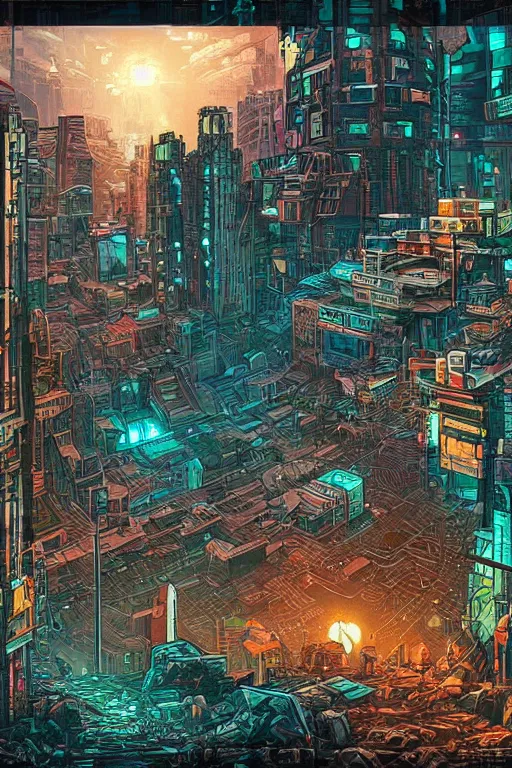 Prompt: a cyberpunk landscape with a pile of rubble inside a large corner wall with a window and the light shining through dan mumford
