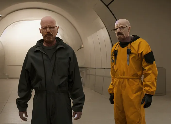 Image similar to film still of Walter White as Gordan Freeman wearing Black Mesa Jumpsuit in the Half Life Movie, 4k