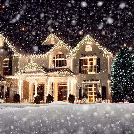 Prompt: a big wonderful house in the american suburbs decorated in christmas lights, shot from across the street, during the night, snow is falling to the ground