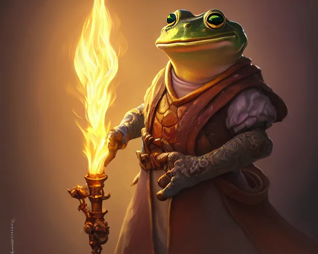 Prompt: an anthropomorphic frog shopkeeper from final fantasy, holding a torch, deep focus, d & d, fantasy, intricate, elegant, highly detailed, digital painting, artstation, concept art, matte, sharp focus, illustration, hearthstone, art by artgerm and greg rutkowski and alphonse mucha