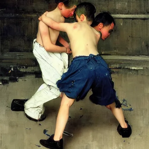 Prompt: twin brothers with black hair and blue eyes play fighting. Ruan Jia. Norman Rockwell . Karlkka