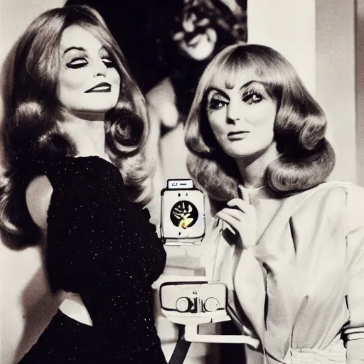 Prompt: 1976 film still glamorous woman photo and her friend, an anthropomorphic stomach, traveling in France, live action children's tv show, 16mm film live soft color, earth tones and some primary colors 1976, wacky, in style of john waters doris wishman russ meyer, woman looks like sharon tate