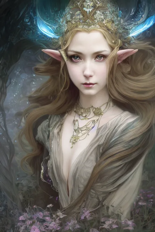 Prompt: beautiful and victorian and luxury and gothic princess Zelda portrait like smoky eyes+front face with light flowing hair, ultradetail face, art and illustration by tian zi and craig mullins and WLOP and alphonse mucha, fantasy, intricate complexity, human structure, human anatomy, fantasy character concept, watermark, blurry, hyperrealism 8k