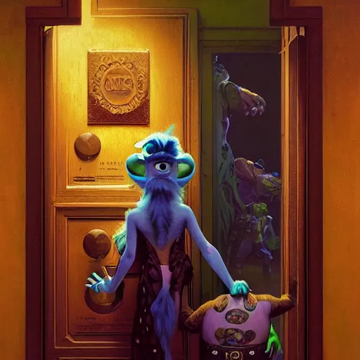 Image similar to portrait of sulley from monsters inc in front of room door. shadowrun cyberpunk fantasy d & d painting by gaston bussiere craig mullins jc leyendecker gustav klimt artgerm greg rutkowski john berkey, bergey, craig mullins, ruan jia, raymond swanland, tom lovell