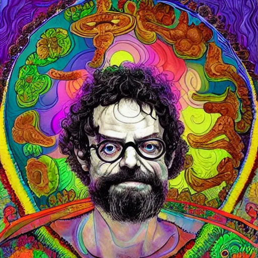 Prompt: terence McKenna with a mushroom as his head, vibrant, hyperrealistic, Maximalism, mystical, ornate, Intricate