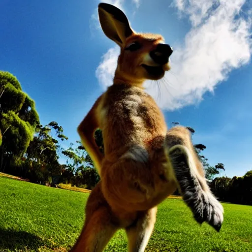 Image similar to a kangaroo play with Chinese rural dog by Bruno Liljefors, dog paw shaped cloud, blue sky, garden,