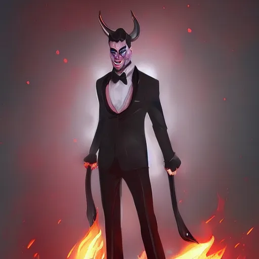 Image similar to A Male Devil wear a black tuxedo in hell,environment, Artstation