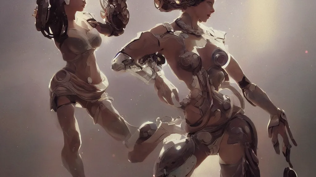 Prompt: modern elegant female cyborg greek goddess, space opera, feminine, powerful, beautiful, upper body, muscular, armour, highly detailed, digital painting, ghibli animated film, volumetric lighting, octane render artstation, concept art, smooth, sharp focus, illustration, by gaston bussiere, mucha, gerome, craig mullins, greg rutkowski, john singer sargent