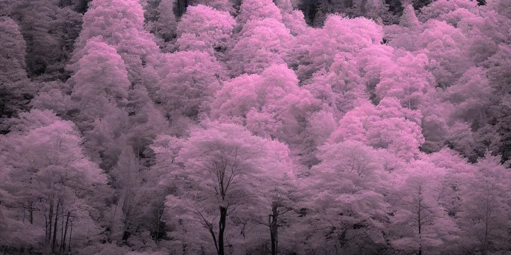 Image similar to pink infrared photography of a forest, ir 5 5 0 nm, kolari