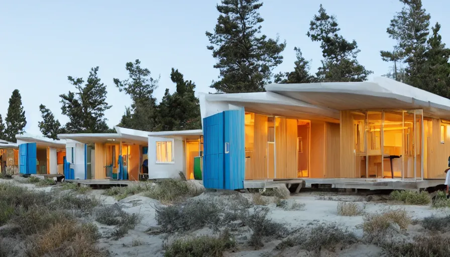 Prompt: An architectural rending of an eco-community neighborhood of innovative contemporary 3D printed sea ranch style cabins with rounded corners and angles, beveled edges, made of cement and concrete, organic architecture, on the California coastline with side walks, parks and public space , Designed by Gucci and Wes Anderson, golden hour