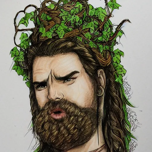 Image similar to male firblog druid with vines as hair flower in his hair detailed drawing