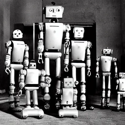 Prompt: the most creepy family photo of robots, with a robot dog, 200mm lens, post apocalyptic, sadness, depression, screaming, crying, auschwitz camp