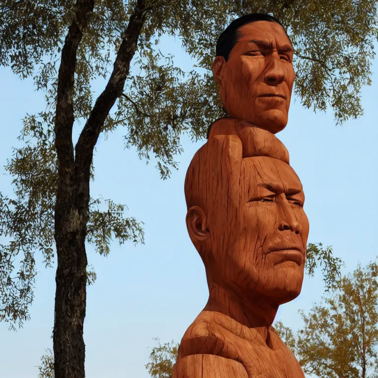 Prompt: public sculpture minimalist bust portrait of a powerful navajo man, beautiful symmetrical face accurate face detailed face realistic proportions, carved out of juniper wood on a pedestal by stephan balkenhol and martin puryear and ron mueck, hyperrealistic dramatic lighting shocking detail trending on artstation 8 k