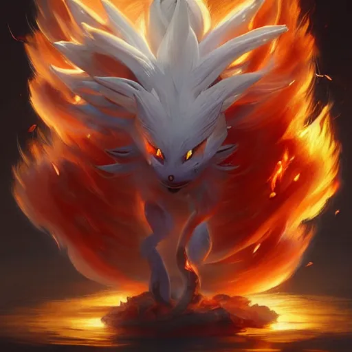 Image similar to pokemon ninetails of fire, artstation greg rutkowski, cinematic, hyperrealist, digital art