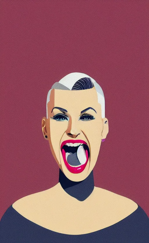 Image similar to illustration portrait of a woman with white buzzcut laughing out loud, art deco painting by tom whalen, funny meme photo, trending on behance, digital illustration, storybook illustration, grainy texture, flat shading, vector art, airbrush, pastel, watercolor, poster