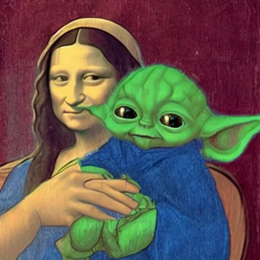 Image similar to Mona Lisa holding Baby Yoda, in the style of Leonardo da Vinci