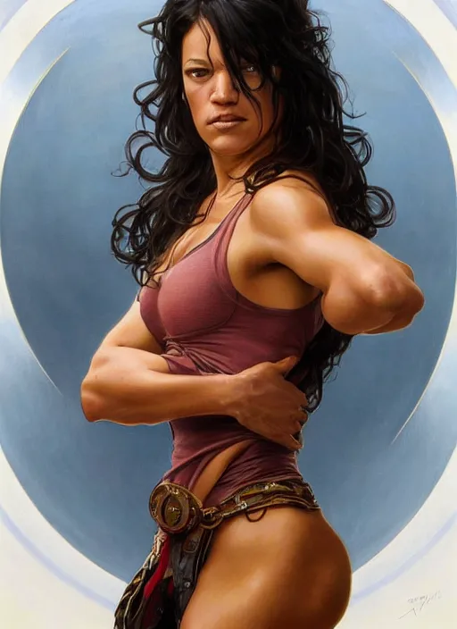 Prompt: Michelle Rodriguez as feisty latino woman, portrait, intricate, elegant, highly detailed, centered, digital painting, artstation, concept art, smooth, sharp focus, illustration, art by artgerm and donato giancola and alphonse mucha