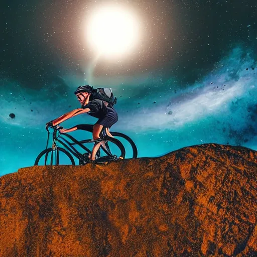 Image similar to surreal, dreamlike image of a person riding a mountain bike througout deep space, view from camera placed on his helmet