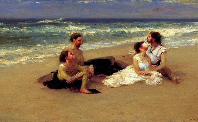 Image similar to high quality high detail painting by ilya repin, a couple sitting on a beach, hd