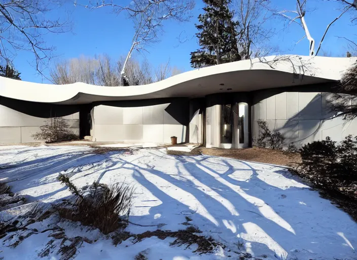 Image similar to zillow listing of a retro futuristic science fiction home for sale on a weird ice planet