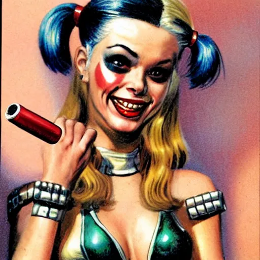 Image similar to Harley Quinn holding cigarette, artwork by Earl Norem,