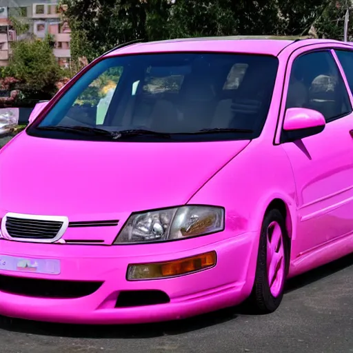 Image similar to a pink car parked in a ping garage