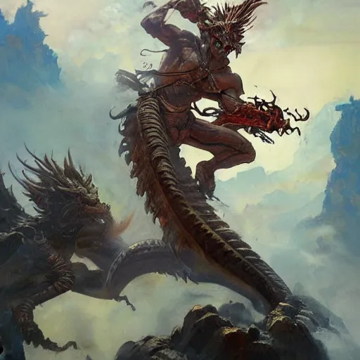 Prompt: A beautiful oil painting of Nezha fighting a Chinese dragon, by Frank Frazetta, Greg Rutkowski, Boris Vallejo, epic fantasy character art, high fantasy, Exquisite detail, post-processing, low angle, masterpiece, cinematic